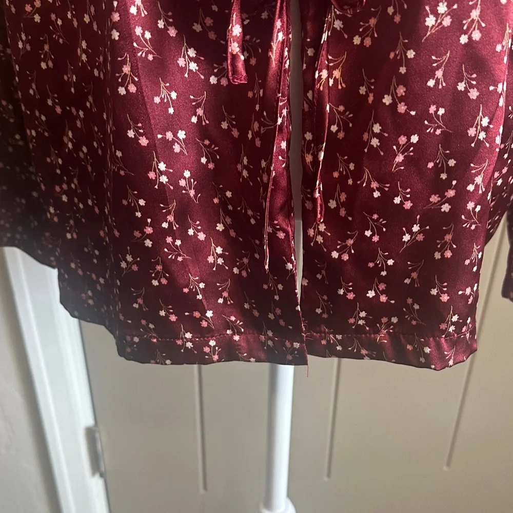 Born Maroon Floral Tie-Front Pajama Top and long pant set. - Picture 4 of 6